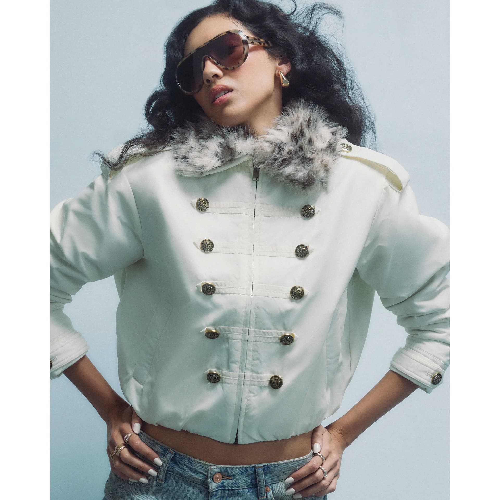 River Island River Island Womens Cream Military Faux Fur Collar Puffer Jacket