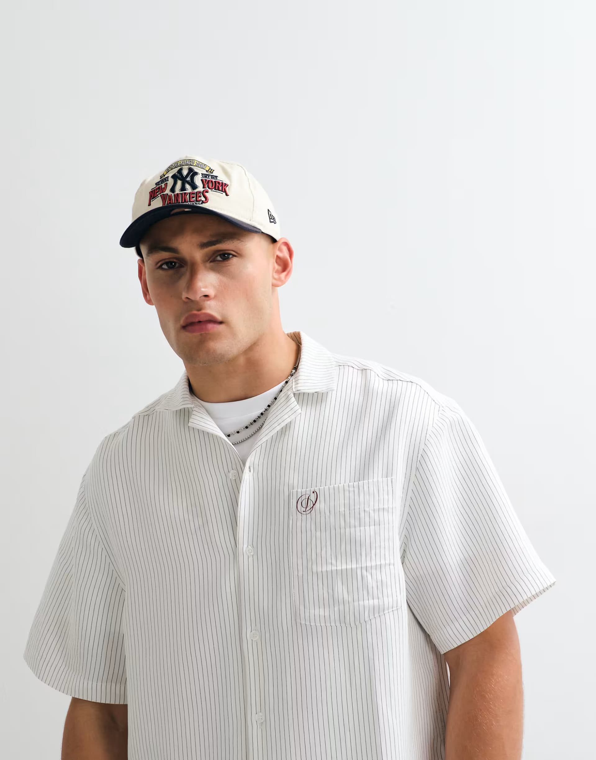 ASOS ASOS DESIGN oversized pinstripe revere shirt with back print in white