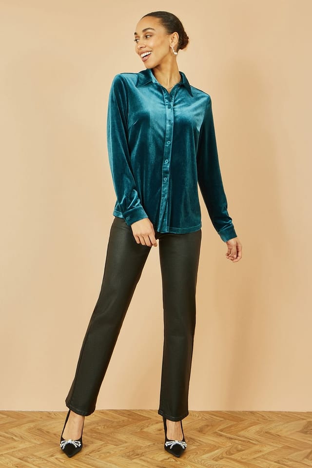 Yumi Yumi Women's Teal Velvet Relaxed Fit Shirt - 2