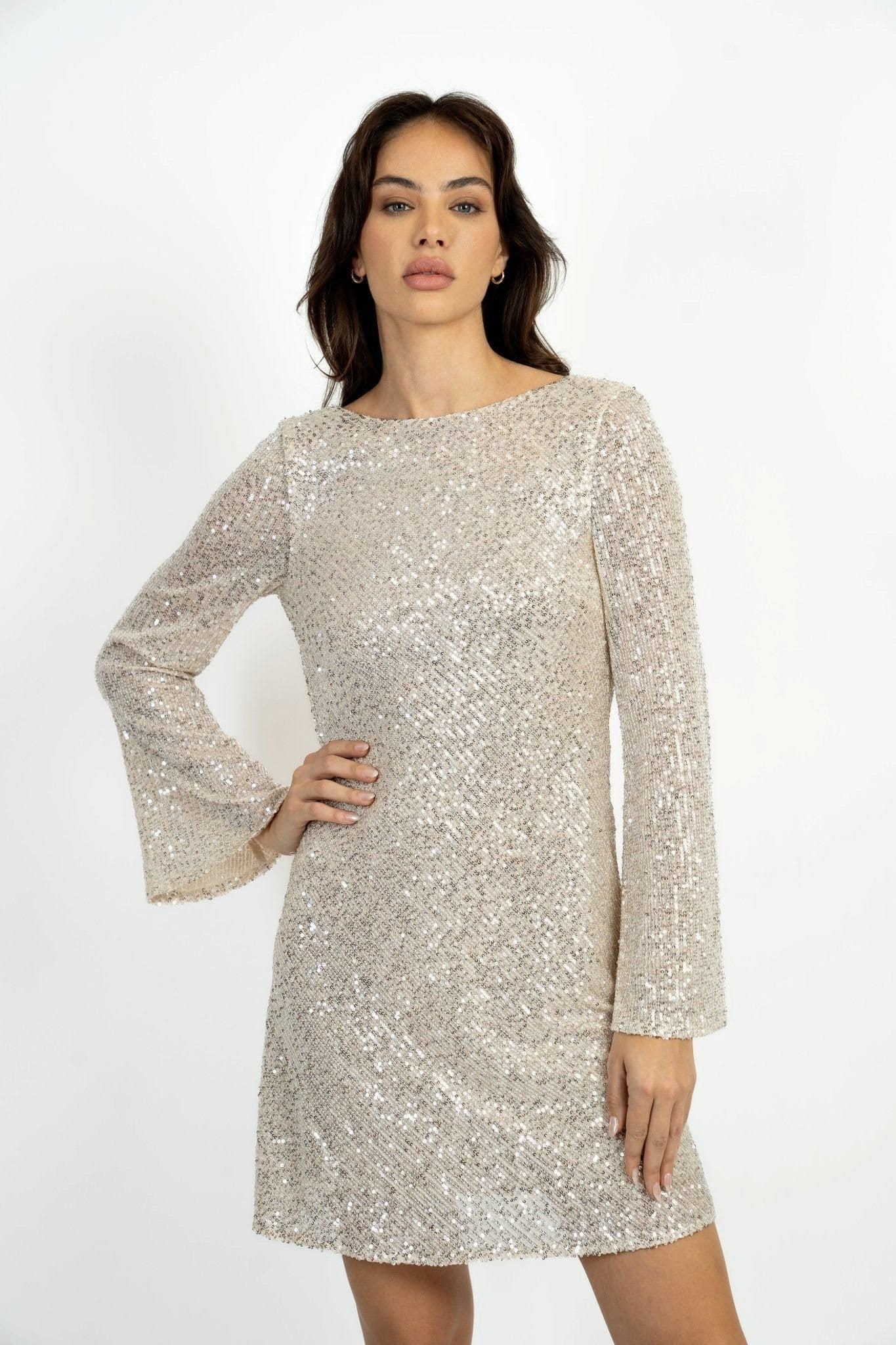 Jaded Rose Silver Sequin Cowl-Back Mini Dress