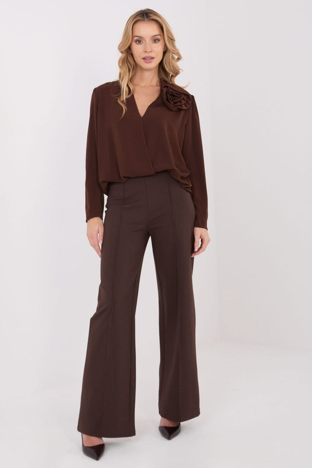 Love Lace Women's Modern High Waist Wide Leg Trousers Style 222241 in Brown