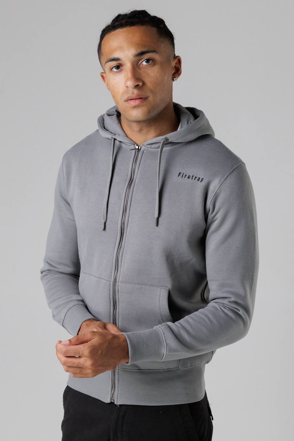 Firetrap Firetrap Men's Regular Fit Cotton Rich Zip Through Hoody with Drawstring in Grey - 3