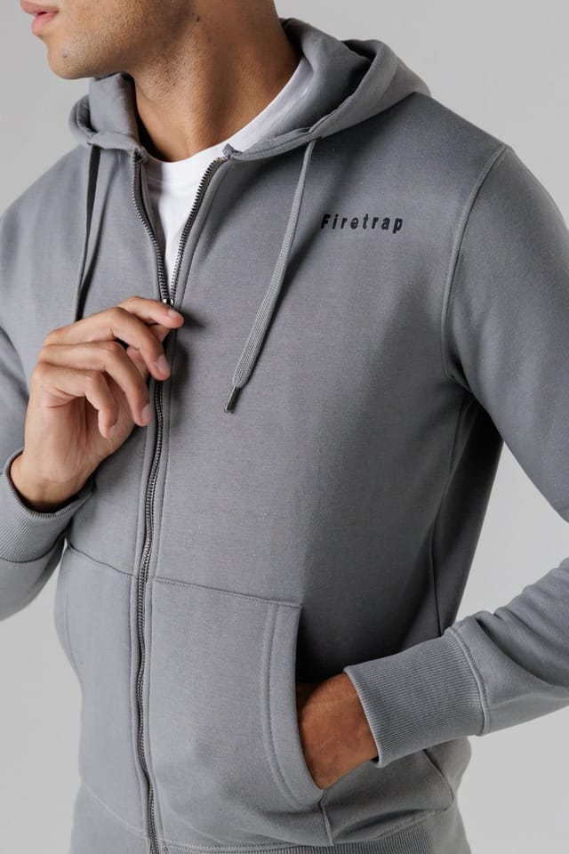 Firetrap Firetrap Men's Regular Fit Cotton Rich Zip Through Hoody with Drawstring in Grey - 3