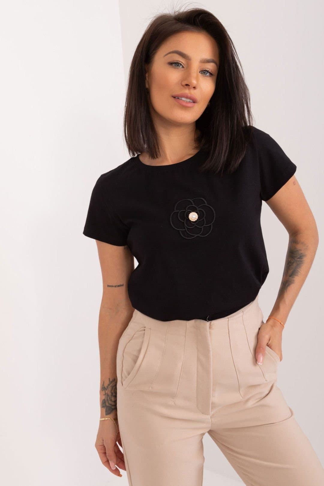 Love Lace Love Lace Women's Cotton Casual Blouse with Embroidered Flower in Black
