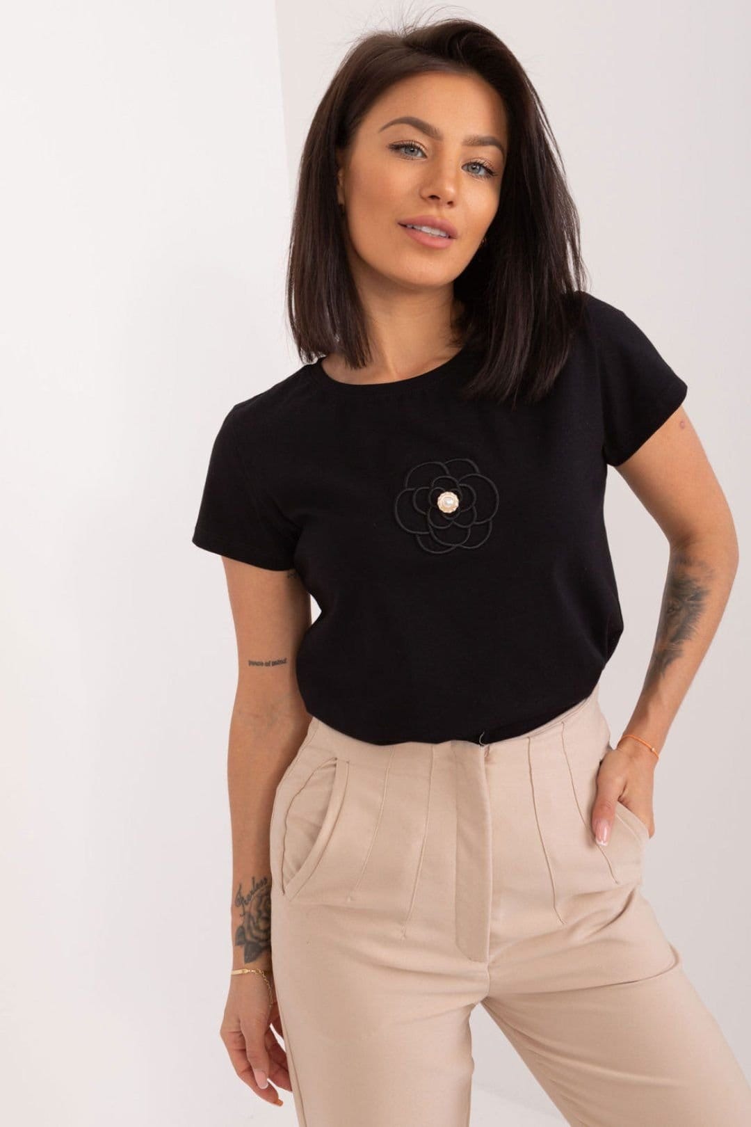 Love Lace Black Cotton Casual Blouse with Embroidered Flower