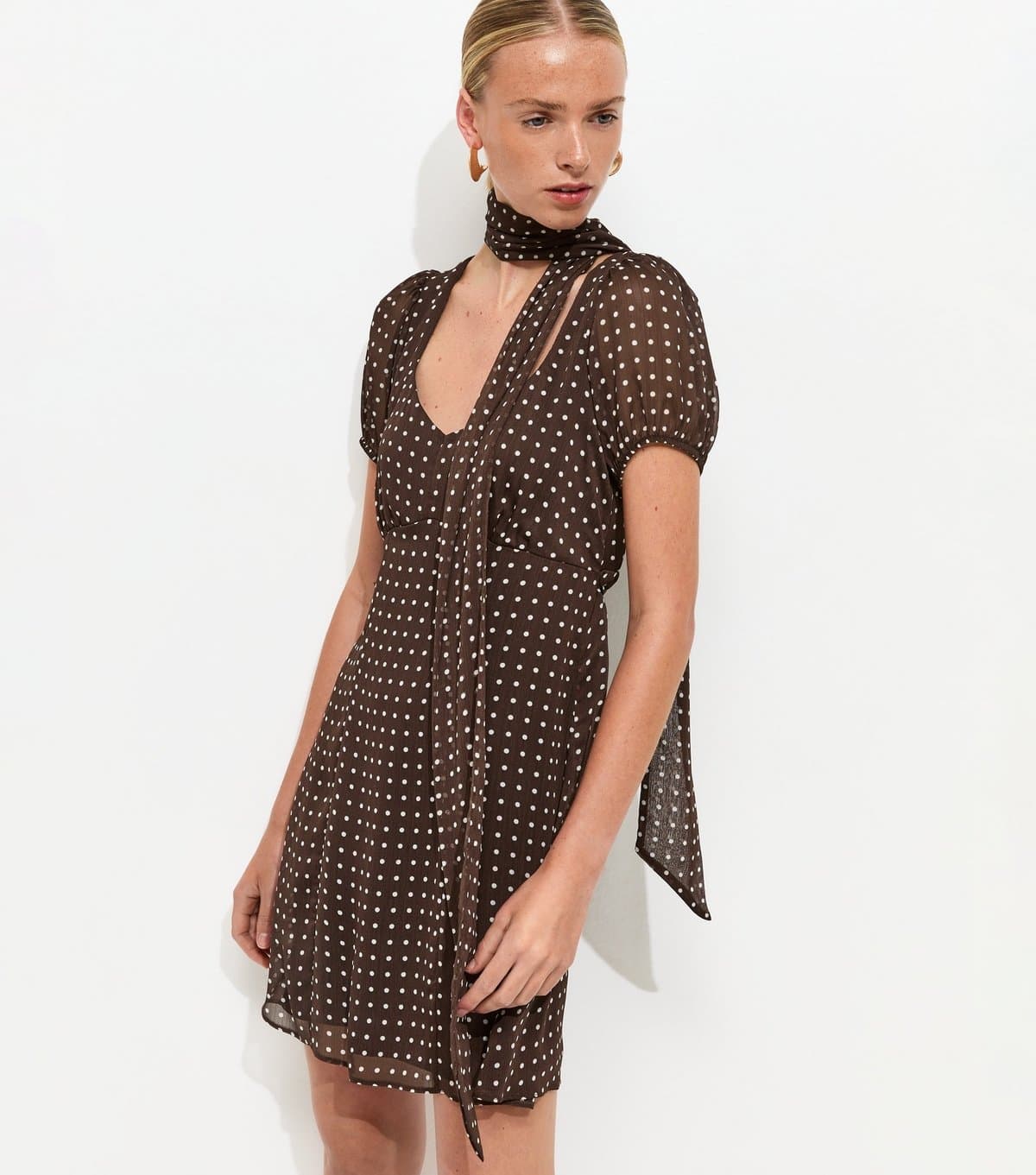New Look Women's Brown Chiffon Polka Dot Mini Dress with Scarf New Look