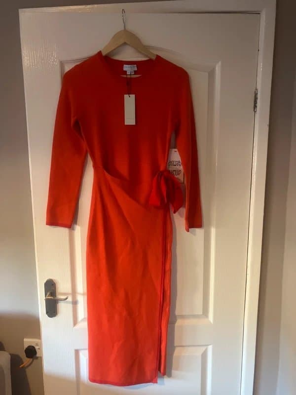 Never Fully Dressed Never Fully Dressed OrangeWrap Midi Dress Size S Long Sleeve Tie Waist