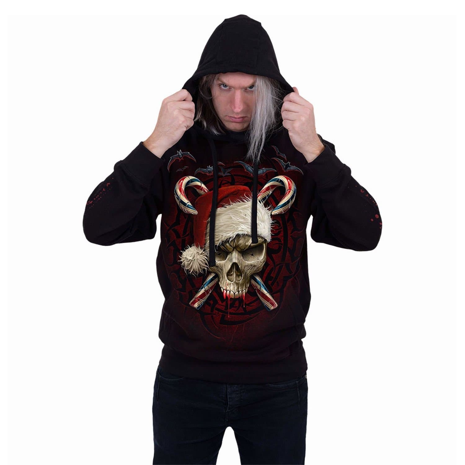 Spiral Spiral Men's Candy Cane Santa Hoodie in Black