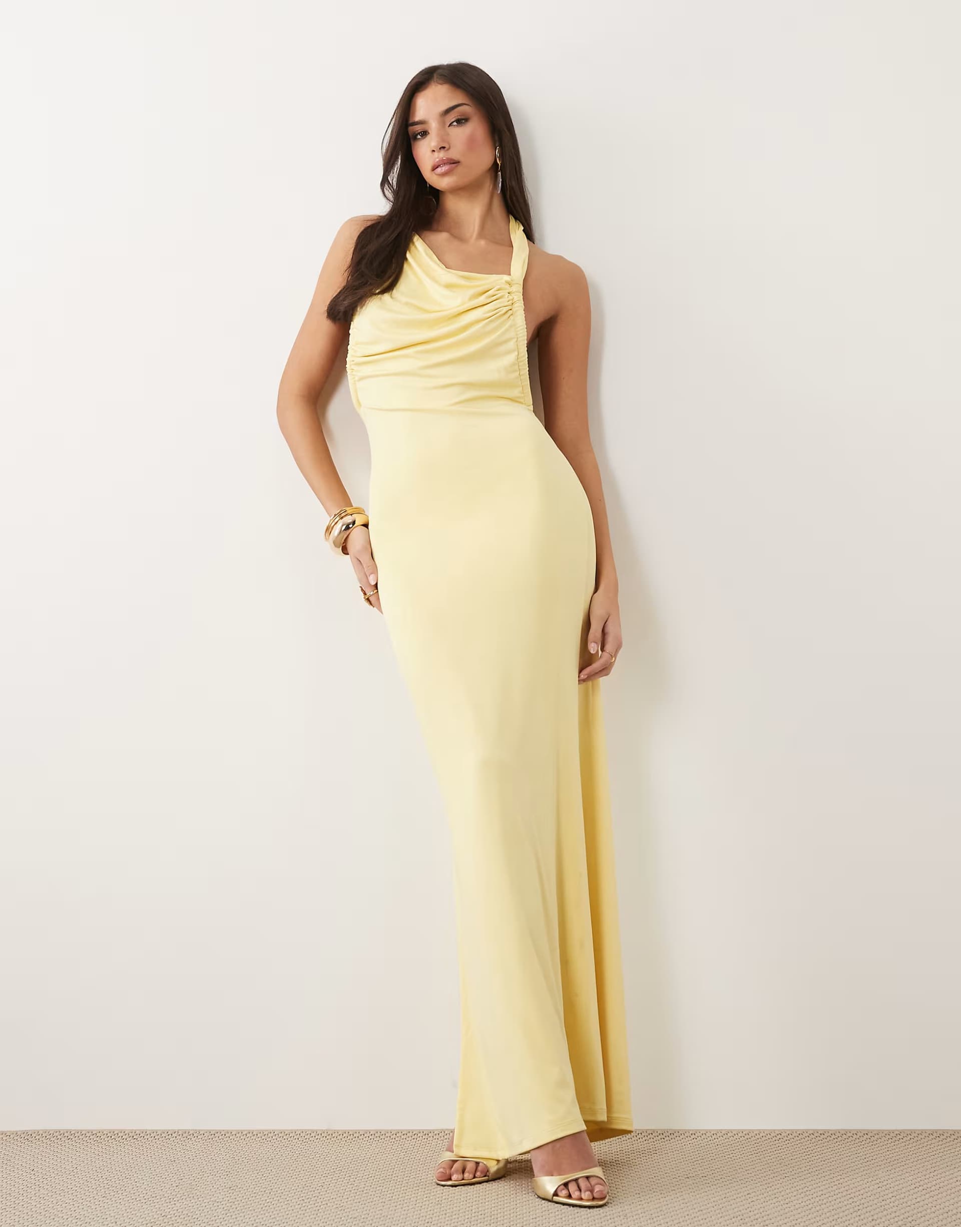 ASOS Aria Cove double layered slinky asymmetric halterneck low twist back dress maxi dress in yellow
