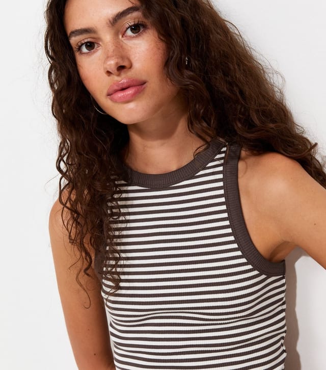 New Look Women's Brown Striped Cotton Rich Racer Vest Top New Look - 2