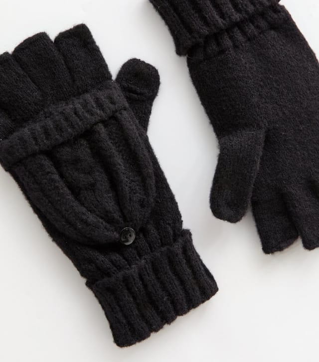 New Look Black Cable Knit Flip Top Gloves New Look - 2