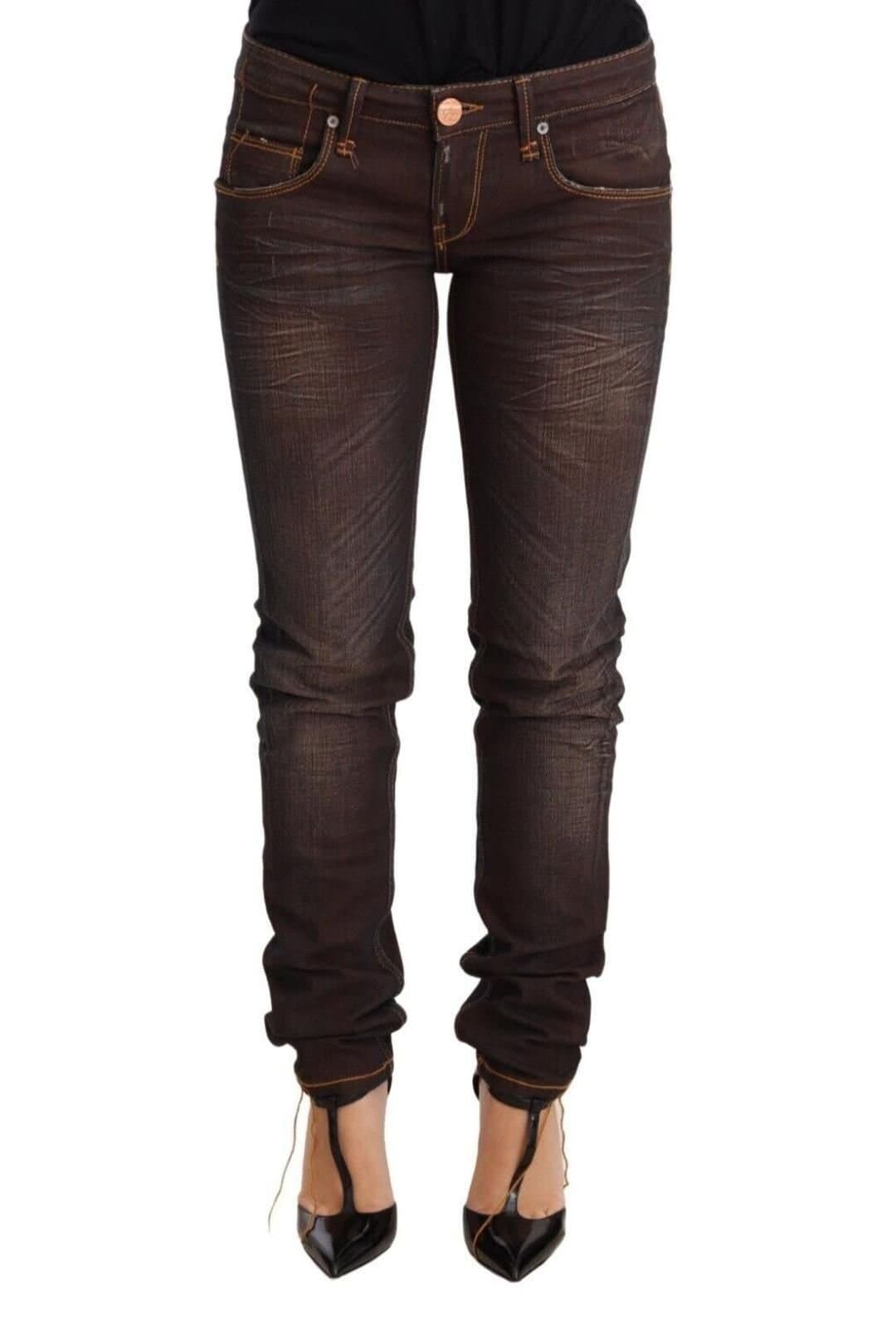 Acht Acht Women's Brown Washed Cotton Slim Fit Denim Low Waist Trouser Jeans