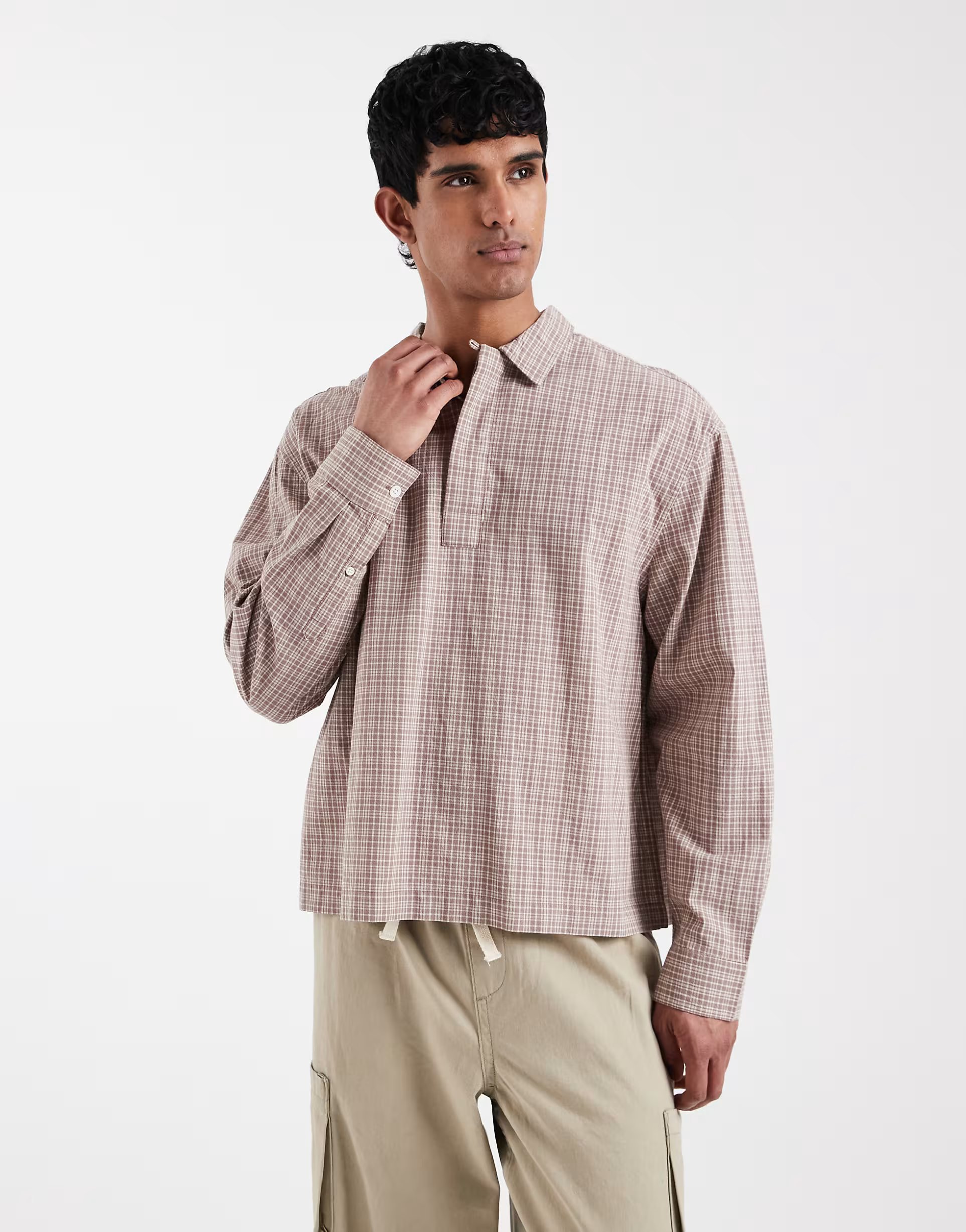 ASOS ASOS DESIGN boxy oversized overhead check shirt in brown - 1