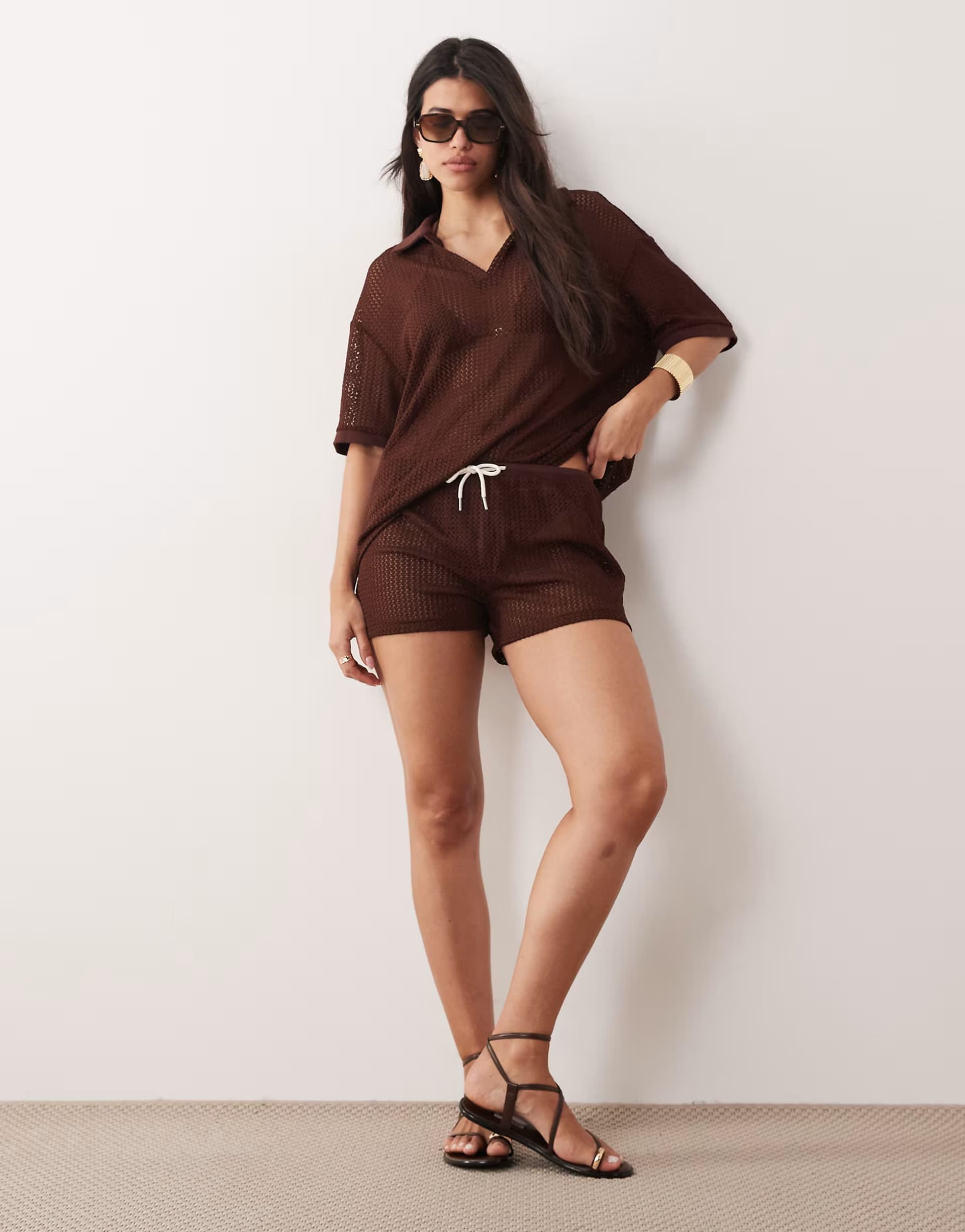 ASOS Kaiia exclusive crochet collar detail oversized polo top and shorts co-ord in chocolate
