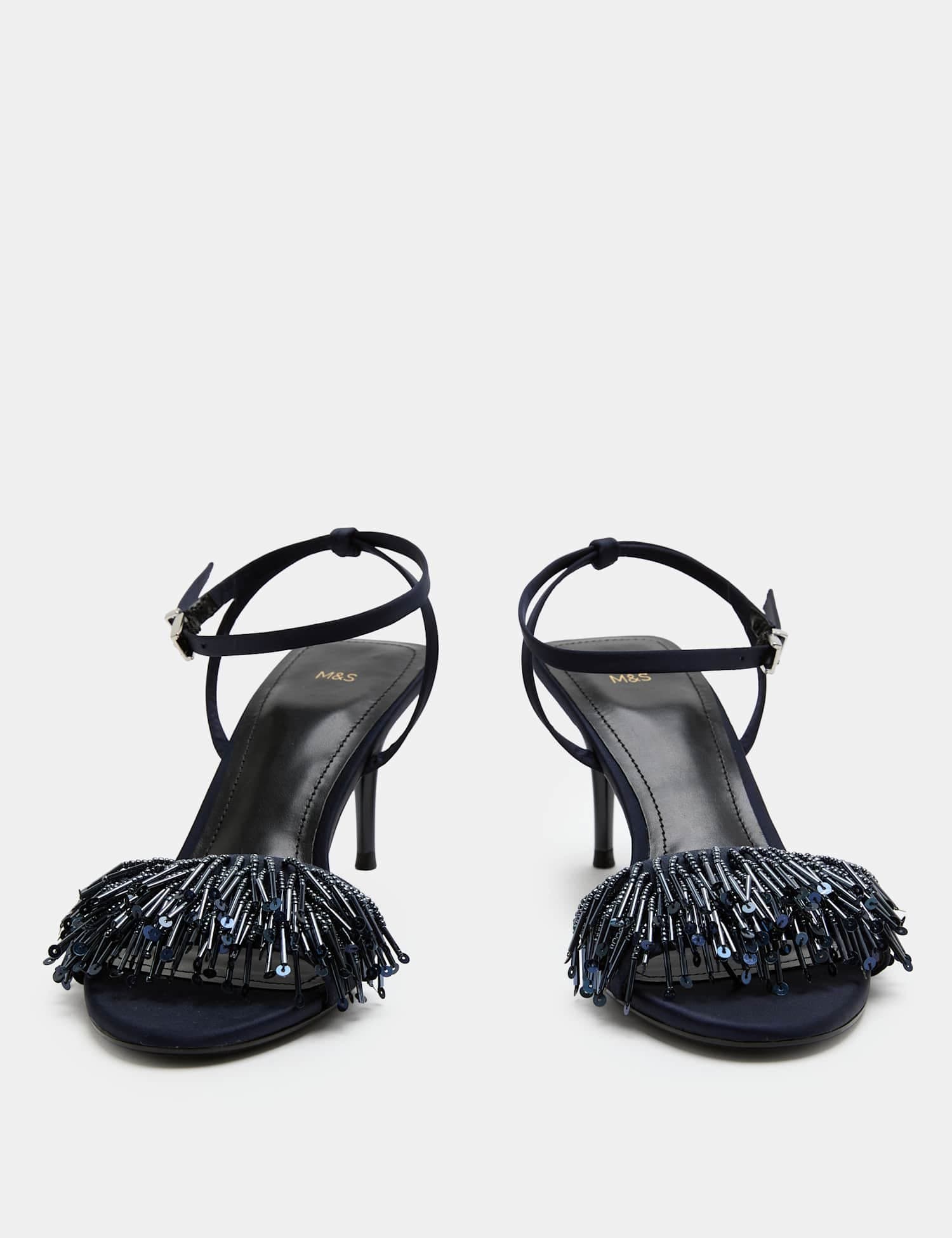 Marks & Spencer M&S Satin Fringed Buckle Stiletto Heel Sandals Navy
