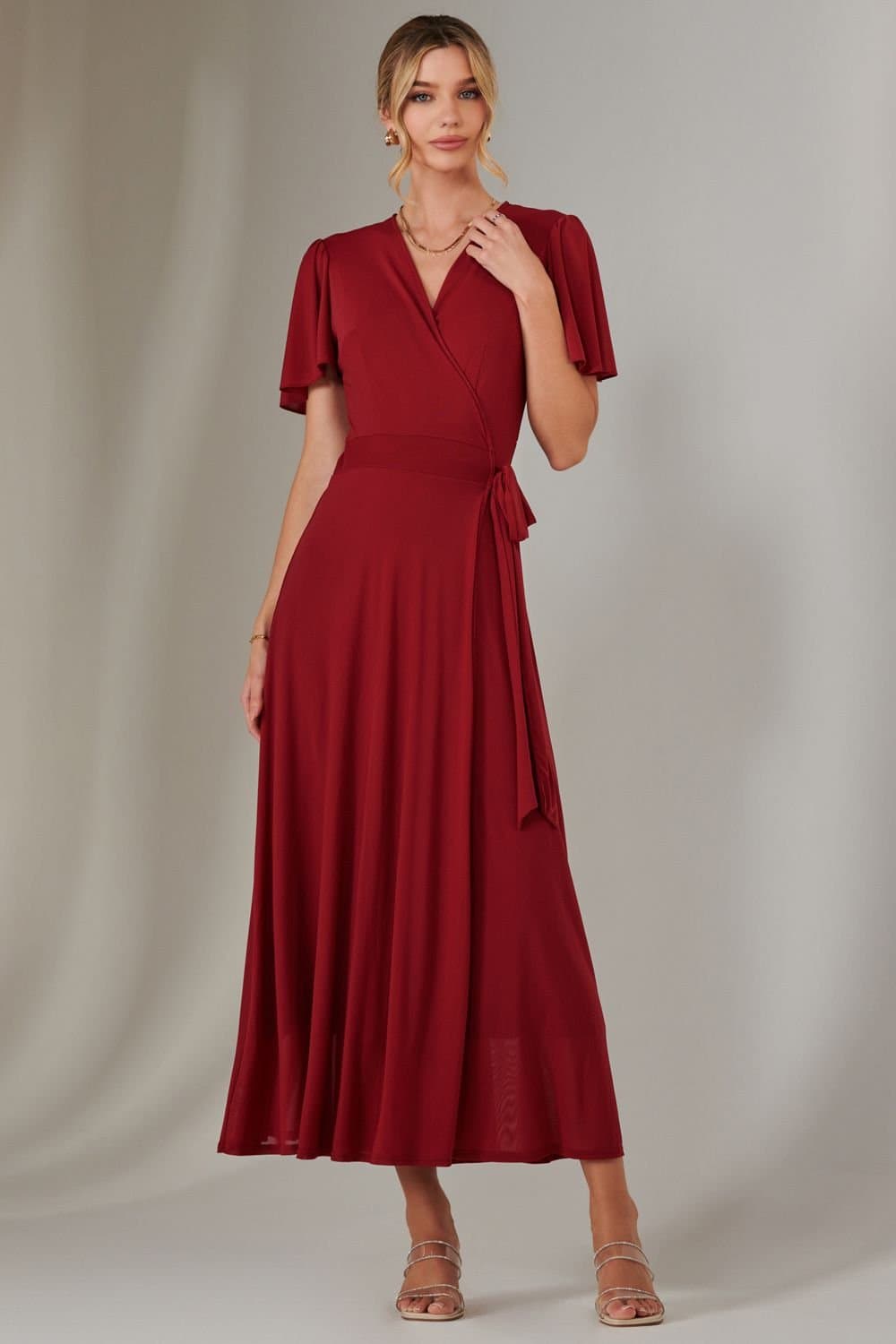 Jolie Moi Jolie Moi Women's Plain Angel Sleeve Wrapped Maxi Dress in Dark Red