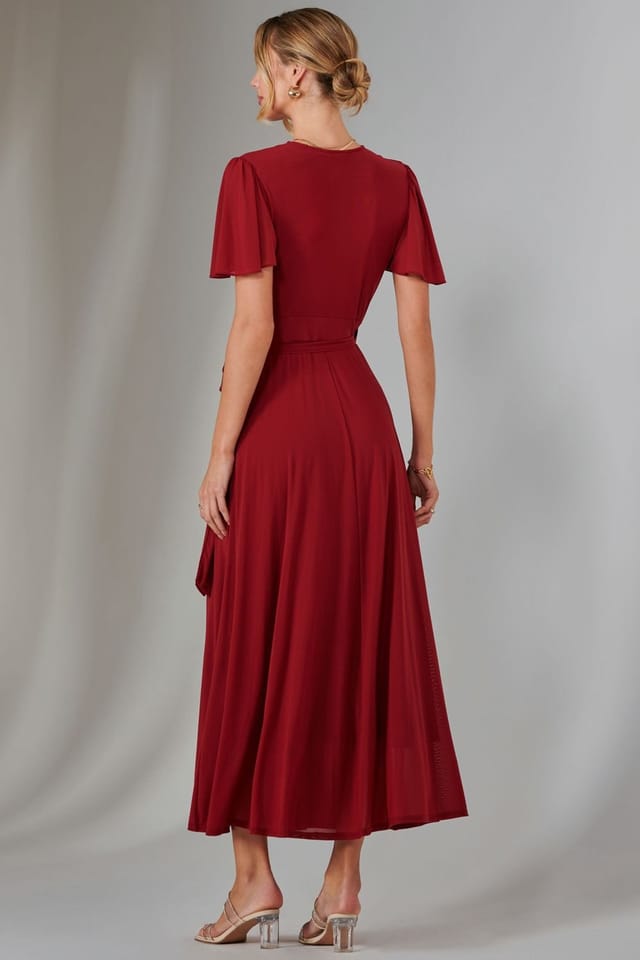 Jolie Moi Jolie Moi Women's Plain Angel Sleeve Wrapped Maxi Dress in Dark Red - 2