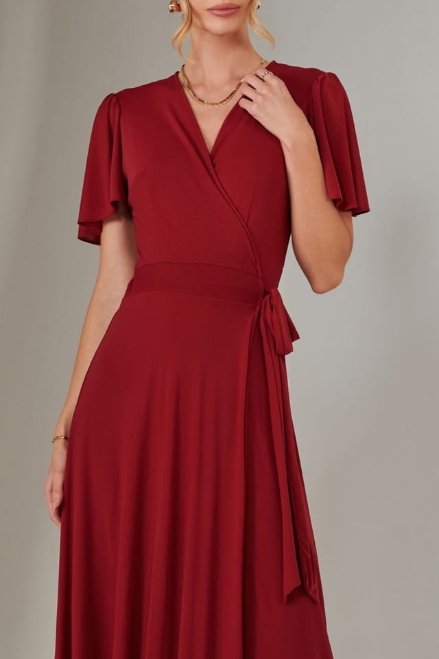 Jolie Moi Jolie Moi Women's Plain Angel Sleeve Wrapped Maxi Dress in Dark Red - 3
