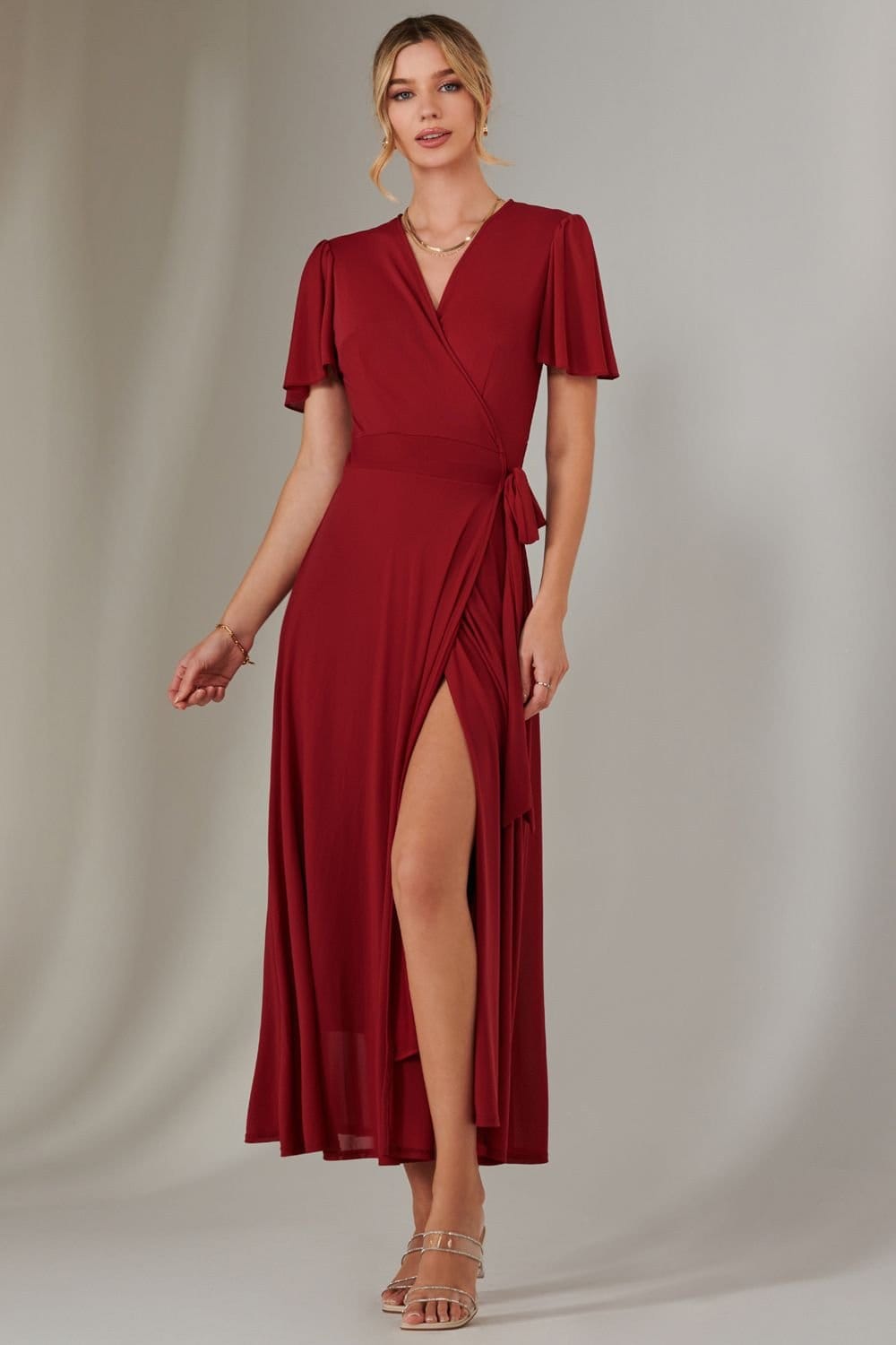 Jolie Moi Jolie Moi Women's Plain Angel Sleeve Wrapped Maxi Dress in Dark Red - 4
