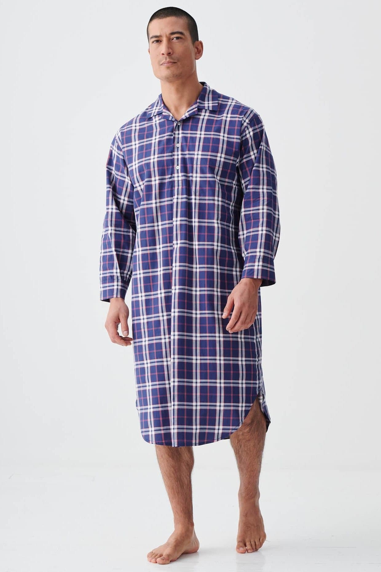 British Boxers British Boxers Men's "Chester Red & Blue Check" Crisp Cotton Nightshirt in Navy