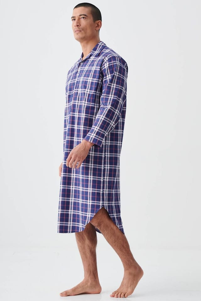 British Boxers British Boxers Men's "Chester Red & Blue Check" Crisp Cotton Nightshirt in Navy - 2