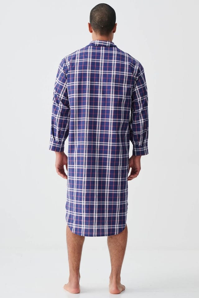 British Boxers British Boxers Men's "Chester Red & Blue Check" Crisp Cotton Nightshirt in Navy - 3