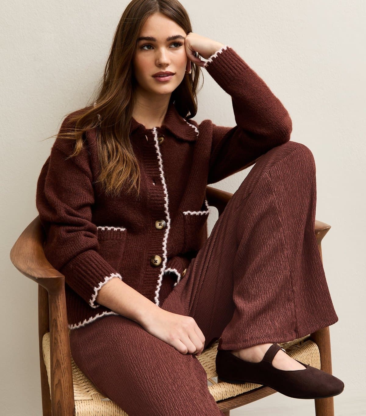 New Look Women's Dark Brown Crinkled Wide Leg Trousers New Look