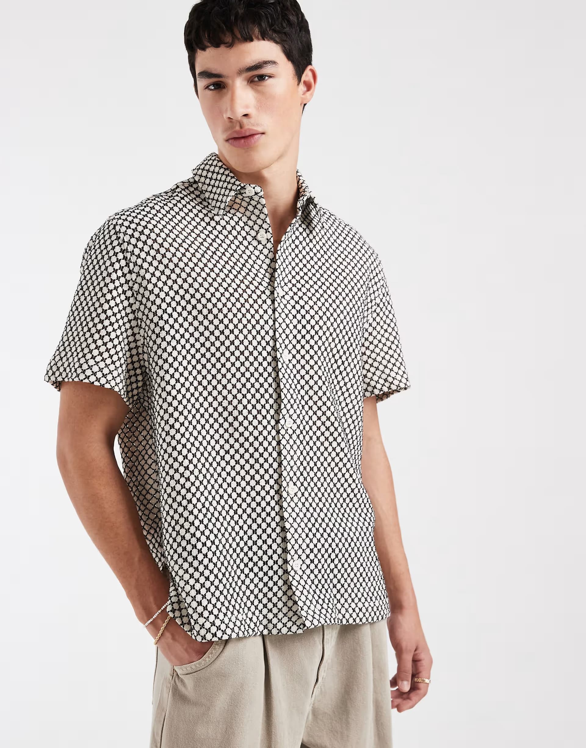 ASOS ASOS DESIGN relaxed crochet shirt in black and cream