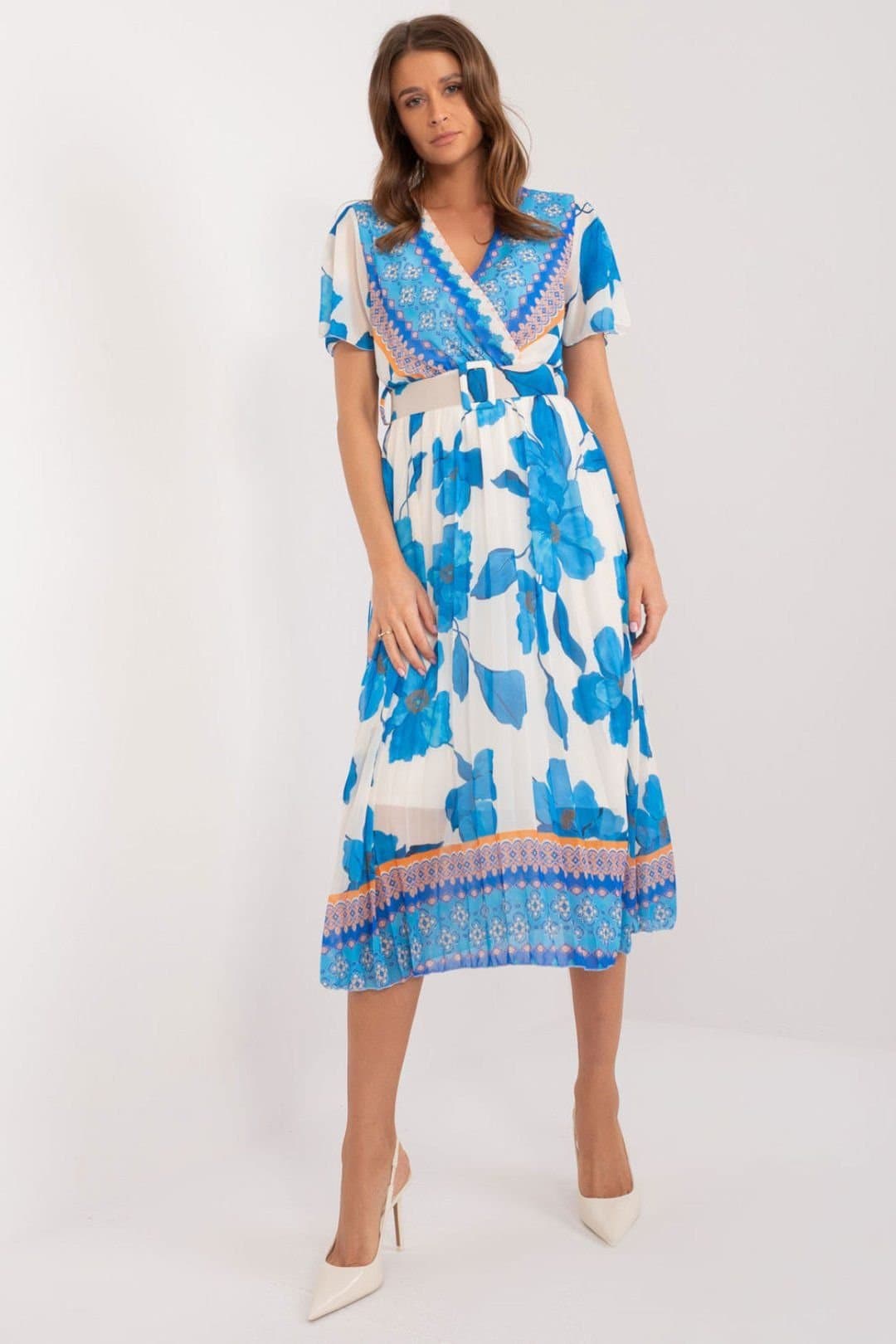 Love Lace Love Lace Women's Summer Frilled Sleeve Belted Lined Dress Style 196593 in Blue