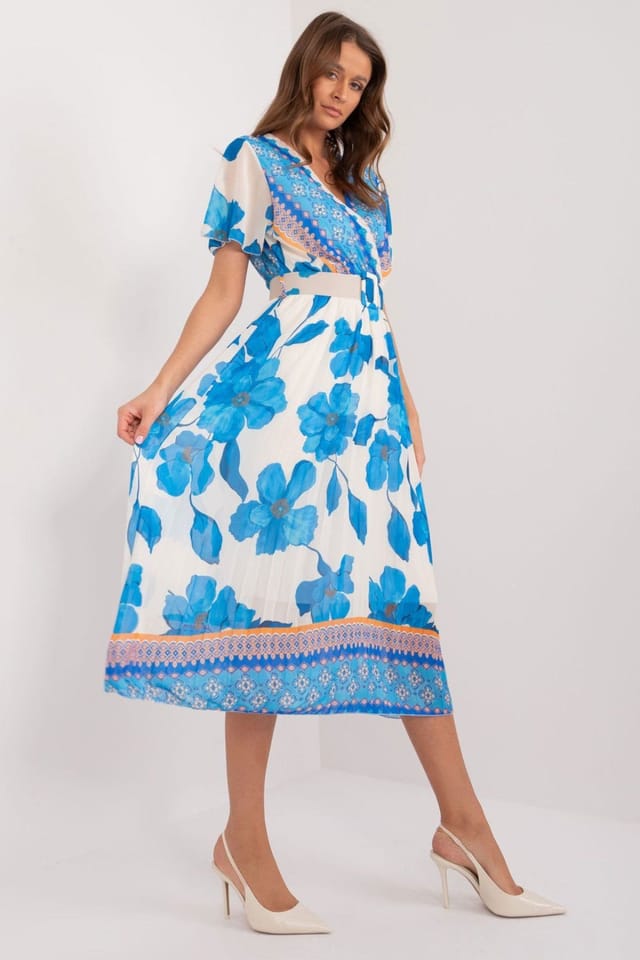 Love Lace Love Lace Women's Summer Frilled Sleeve Belted Lined Dress Style 196593 in Blue - 2