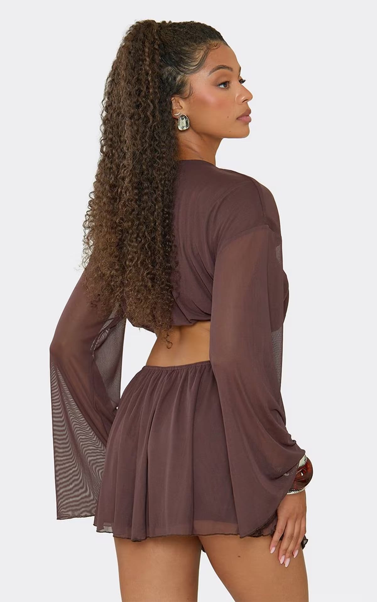 EGO Chocolate Brown Chiffon Crop Top With Long Flared Sleeves