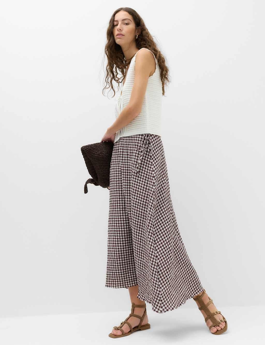 Marks & Spencer M&S Cotton Rich Gingham Midaxi Circle Skirt Brown Mix