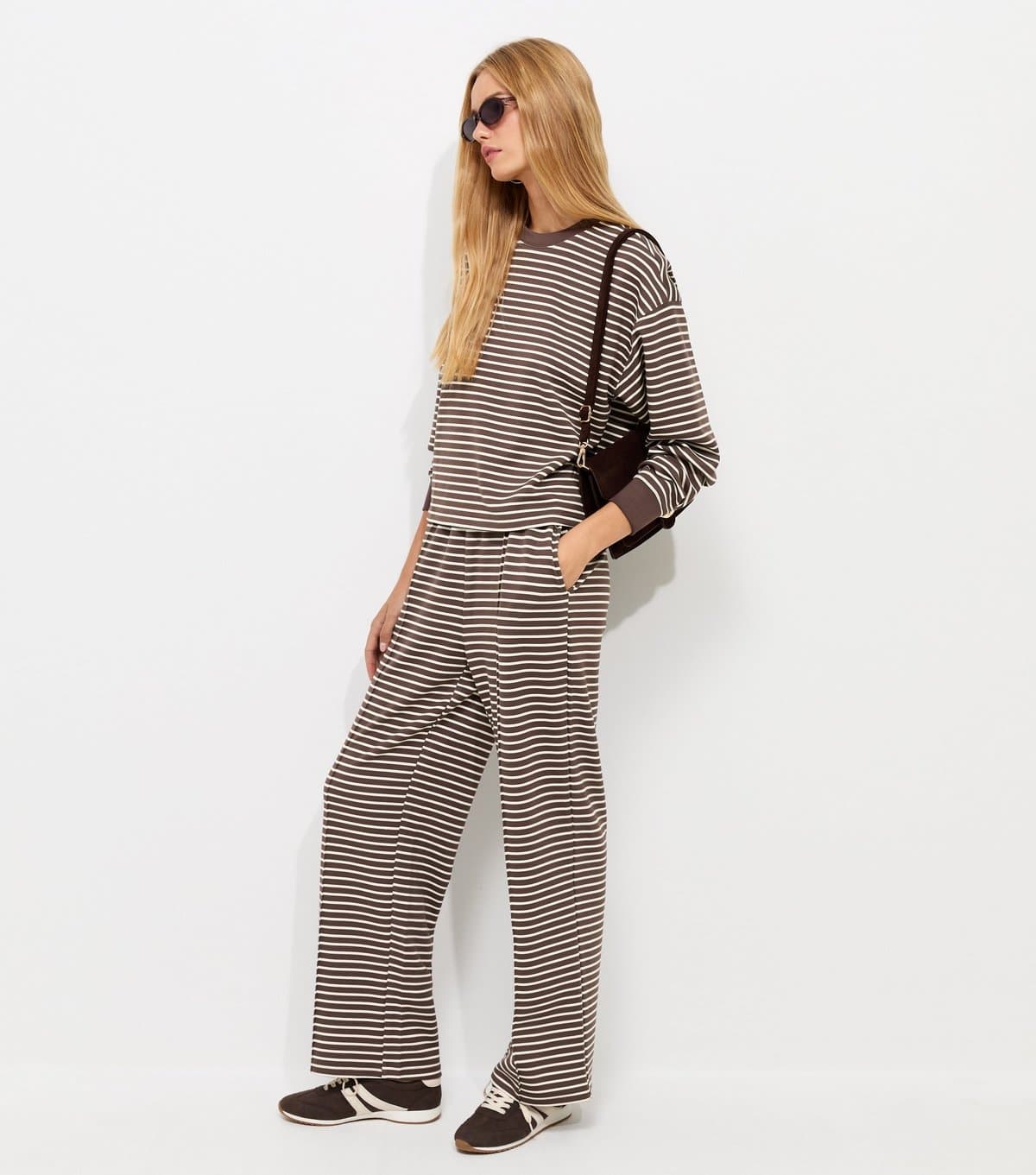 New Look Women's Premium Brown Striped Wide Leg Jogger Trousers New Look