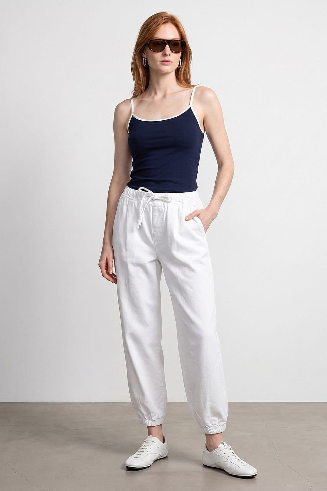 Dilvin Dilvin Women's White Cotton Poplin Jogger Pants