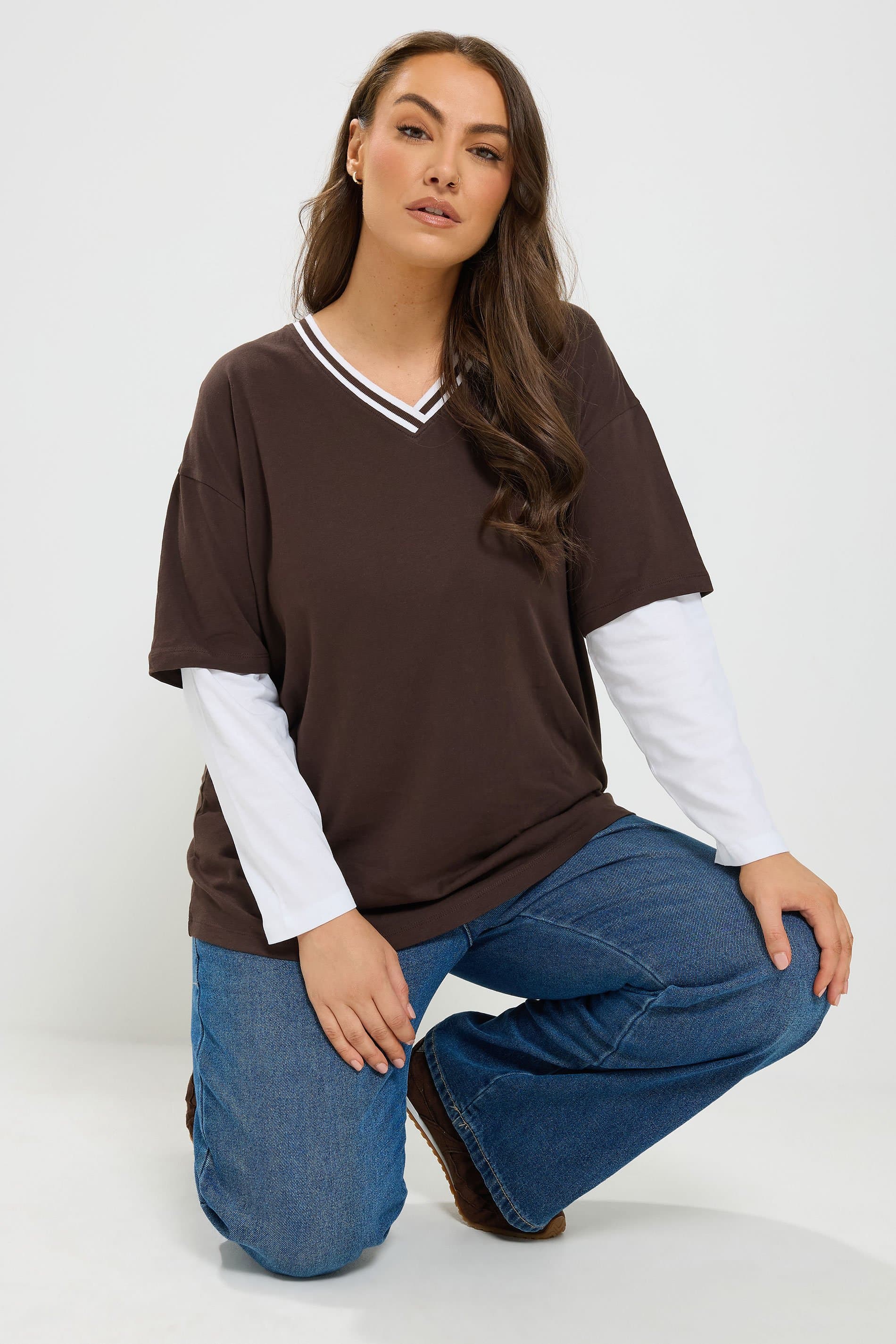 Yours Plus Size Chocolate Brown 2In1 Cotton Skater Top