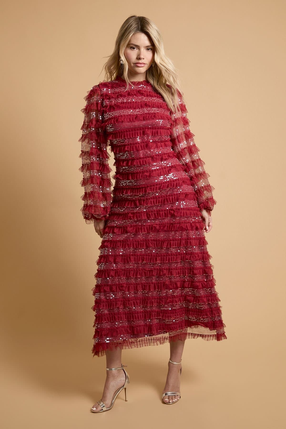 Oasis Oasis Women's Long Sleeve Printed Mesh Midi Dress in Dark Cherry