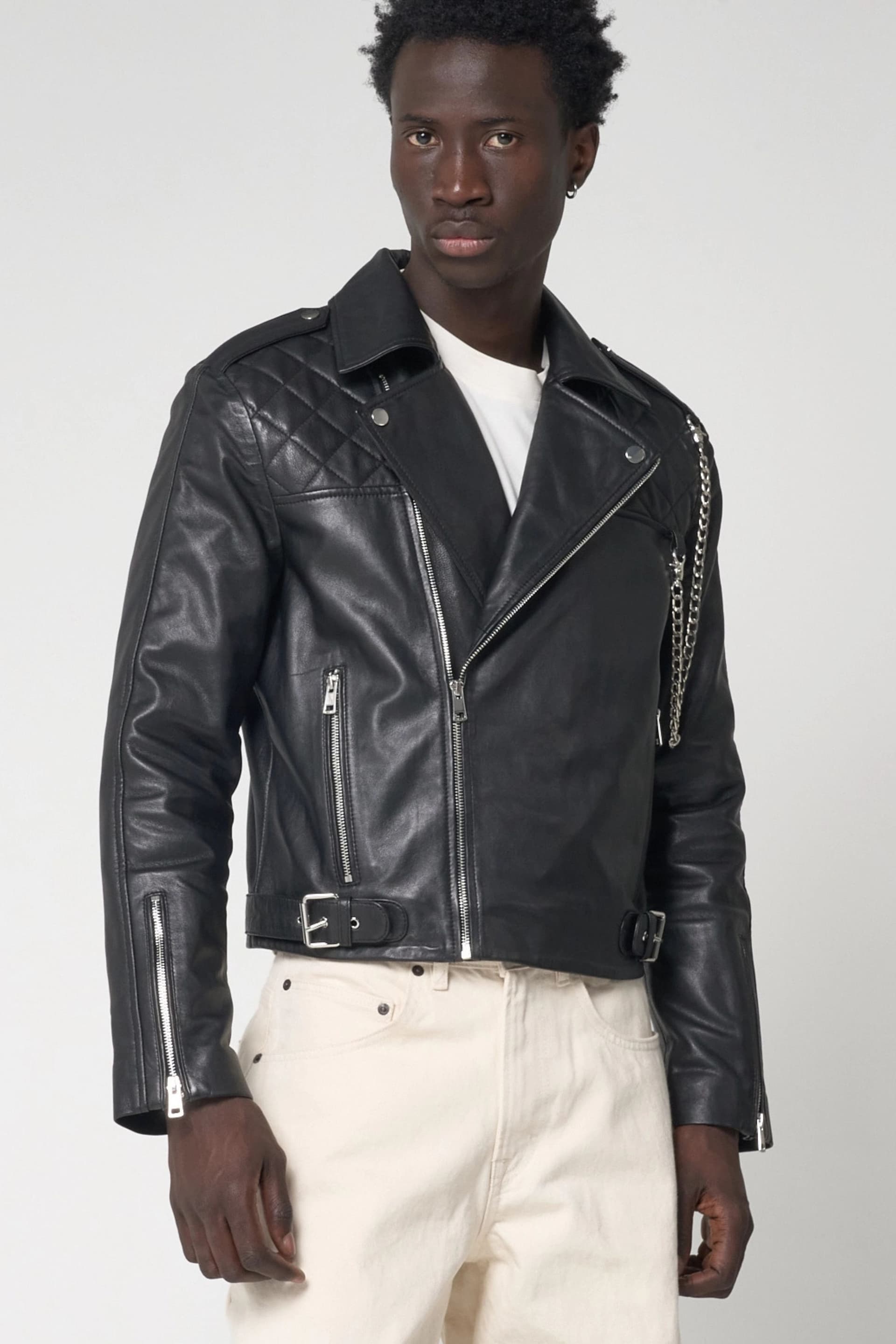 Barneys Originals Barneys Originals Men's Cropped Real Leather Biker Jacket in Black