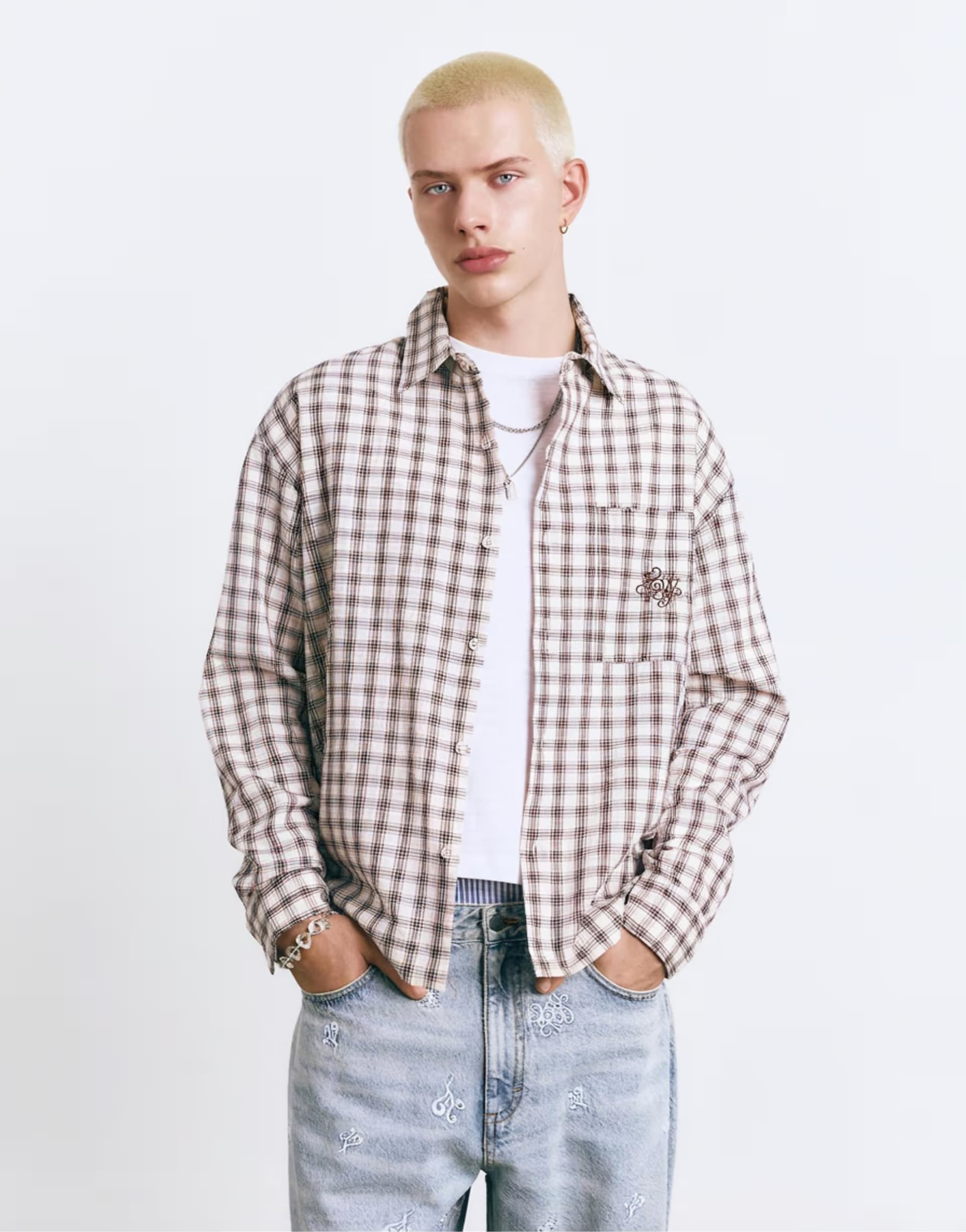 ASOS Pull&Bear Stwd plaid shirt in off white