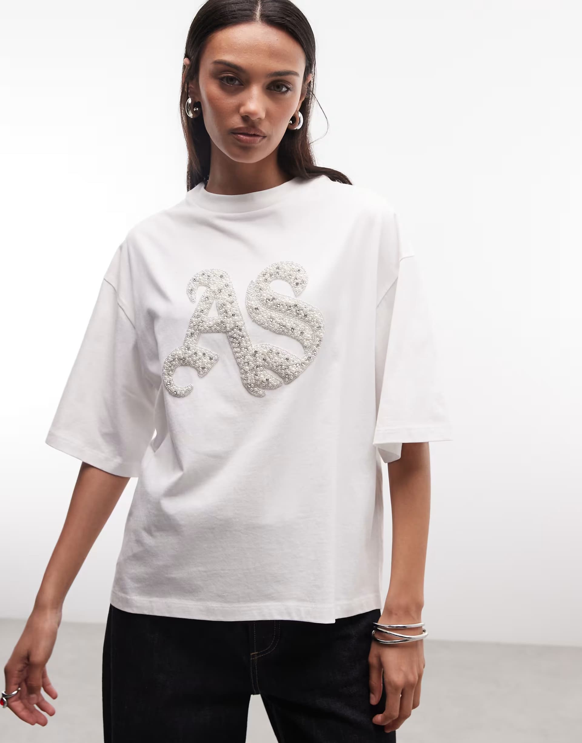 ASOS AllSaints Icon Amelie short sleeve pearl embellished logo t-shirt in white