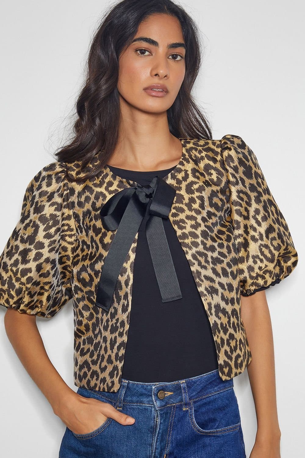 Monsoon Monsoon Women's Anne Leopard Print Bow Jacket Brown