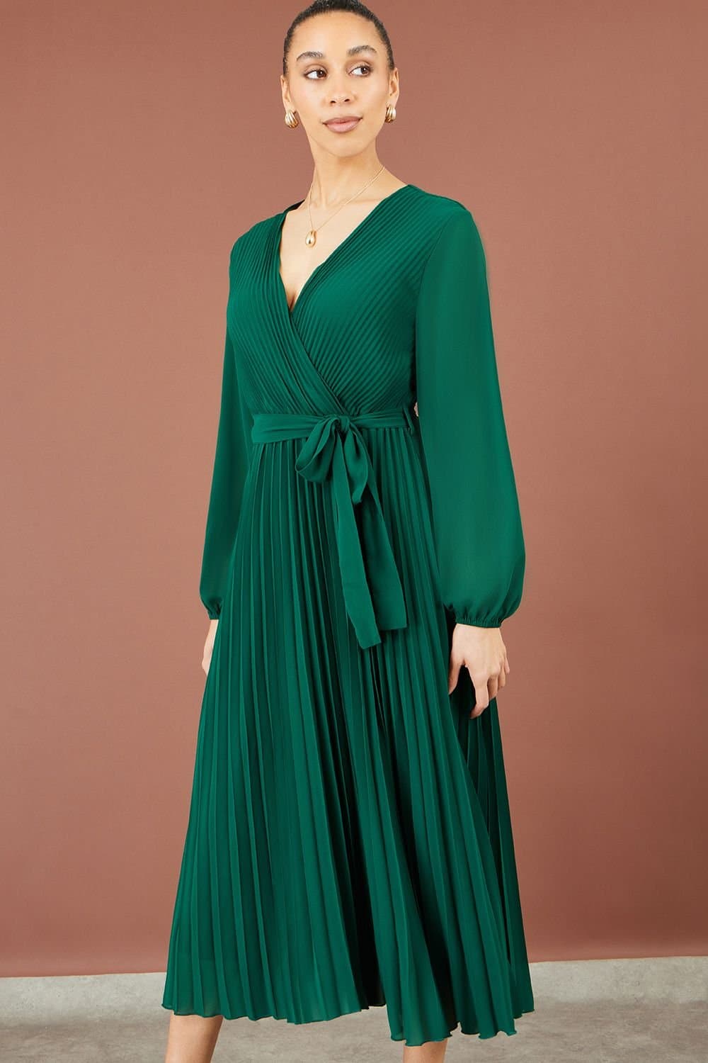 Yumi Yumi Women's Pleated Wrap Midi Dress in Green