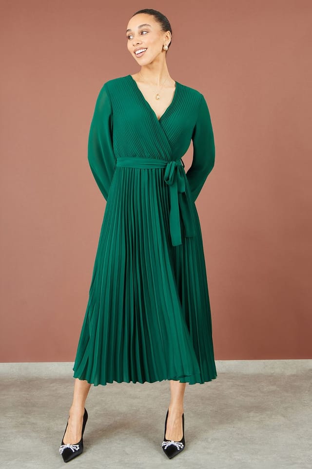 Yumi Yumi Women's Pleated Wrap Midi Dress in Green - 2