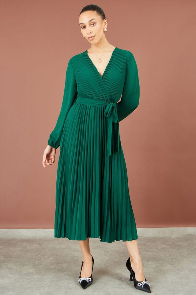 Yumi Yumi Women's Pleated Wrap Midi Dress in Green - 3