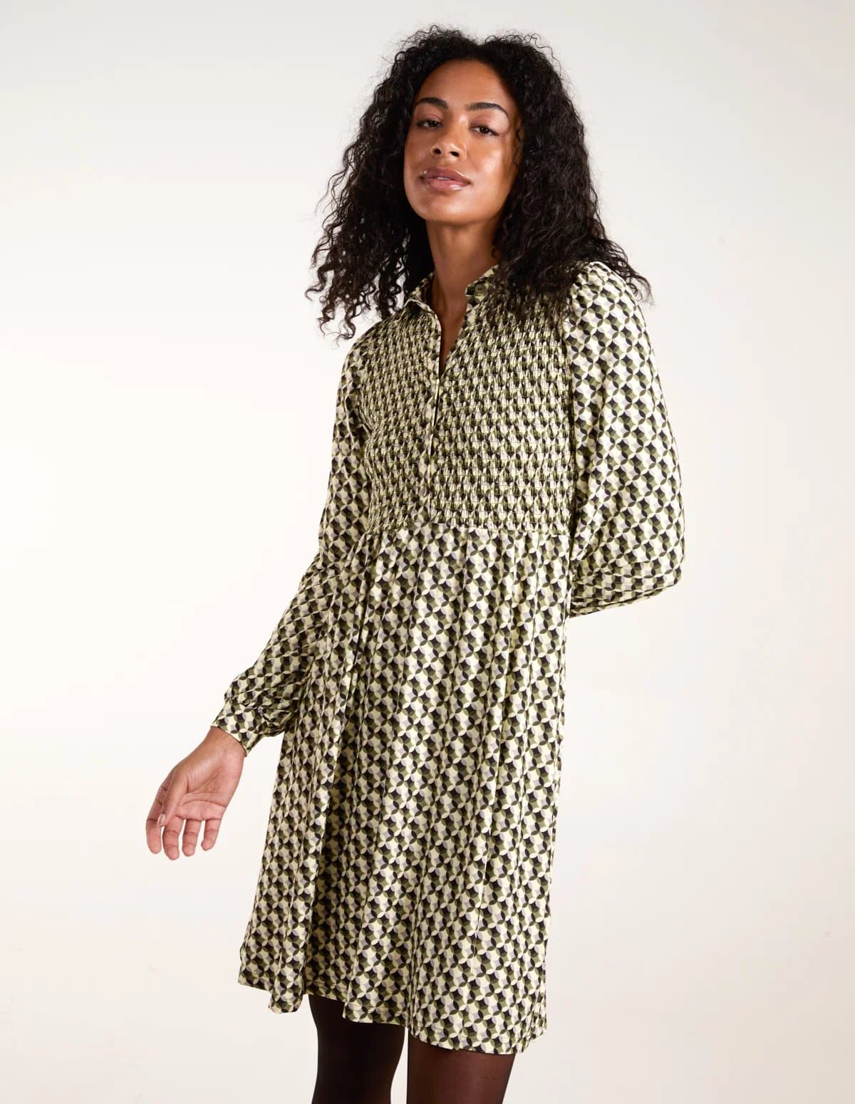 Blue Vanilla Geometric Shirred Mini Shirt Dress