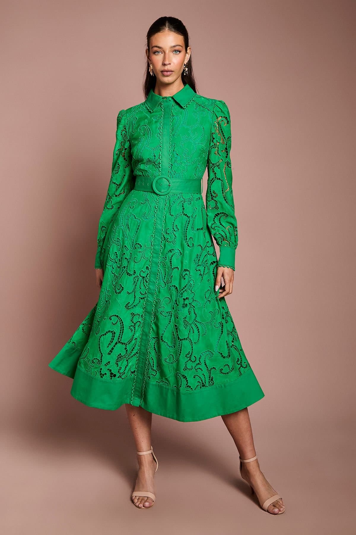Coast Coast Women's Embroidered Cutout Belted Shirt Dress in Green