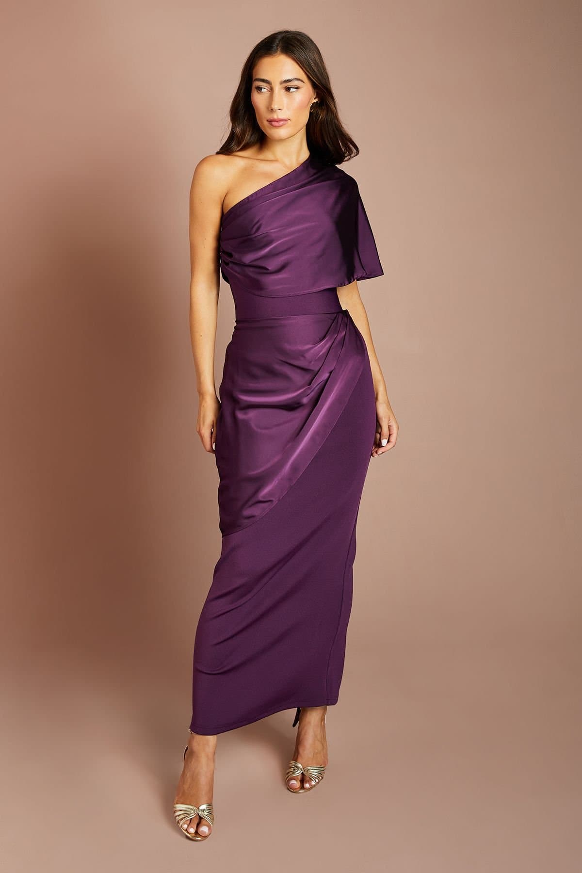 Coast Coast Women's Drape Front Skirt With Ruffle Back in Plum