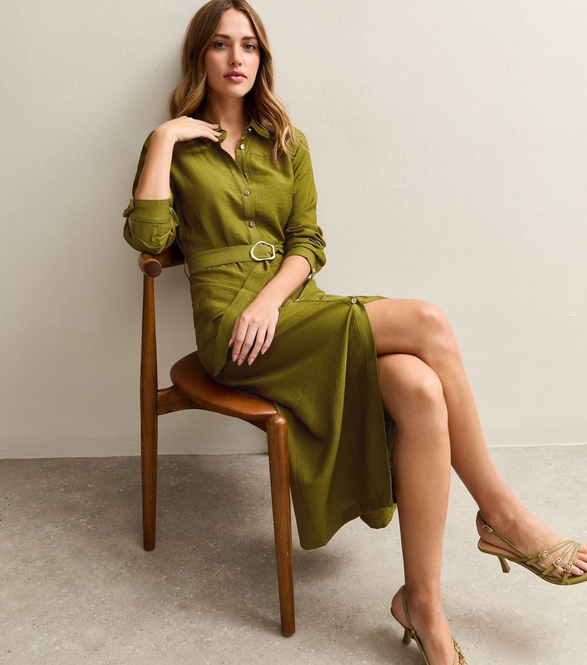 New Look Women's Light Khaki Long Sleeve Belted Midi Shirt Dress New Look