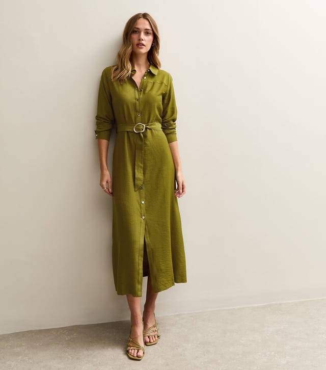 New Look Women's Light Khaki Long Sleeve Belted Midi Shirt Dress New Look - 3
