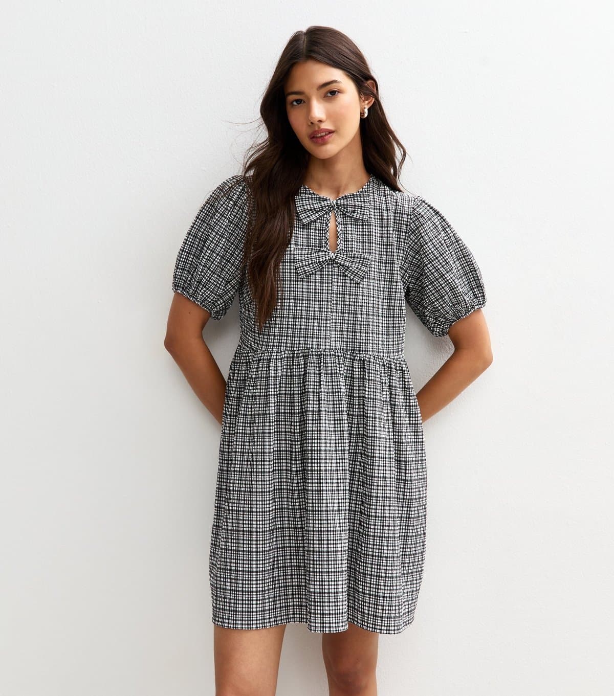New Look Women's Black Gingham Bow Front Mini Dress New Look