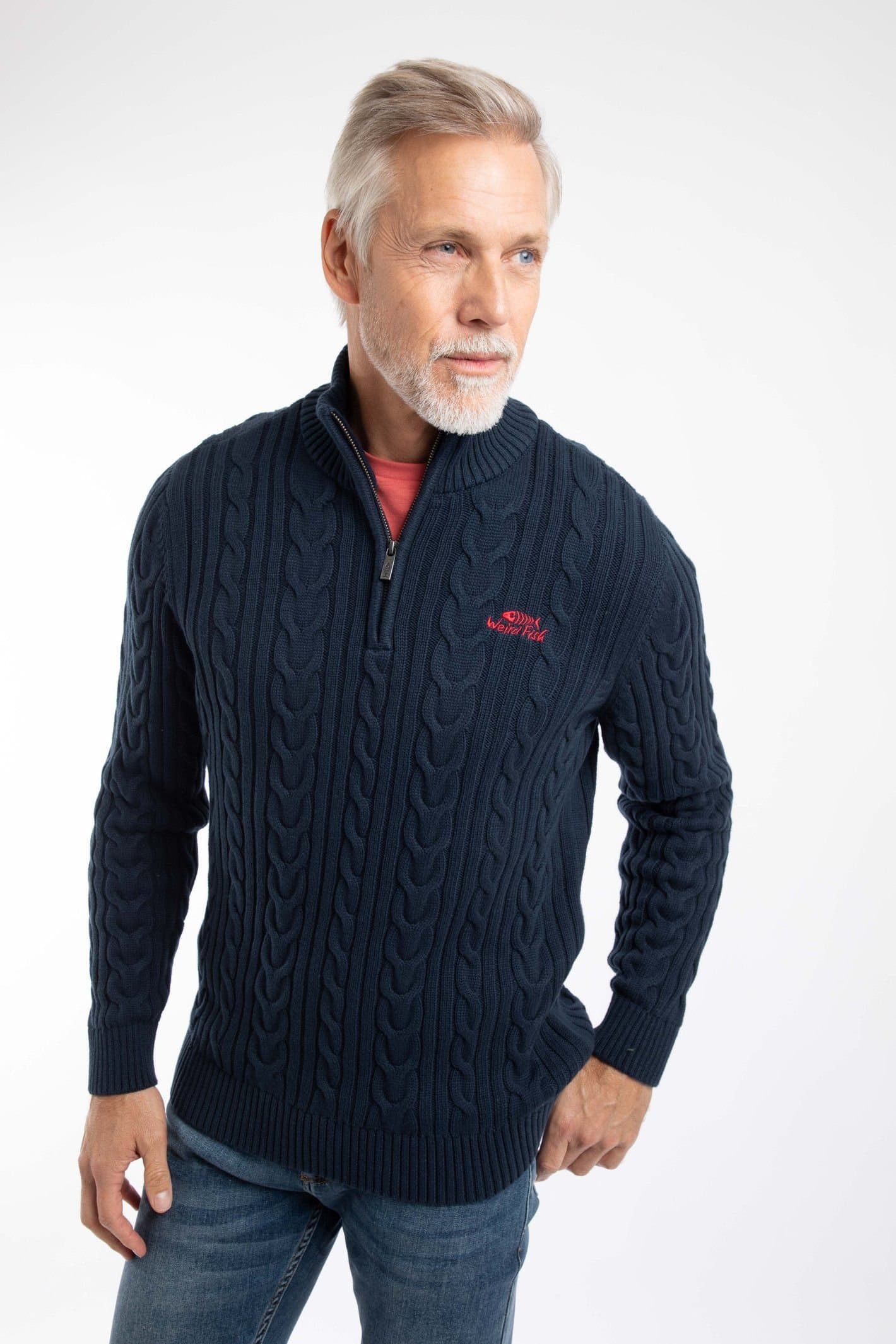 Weird Fish Weird Fish Men's Heath 1/4 Zip Cable Knit Jumper in Navy
